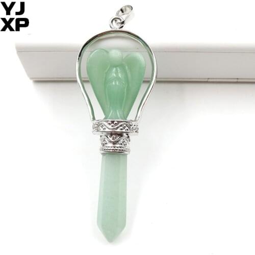 YJXP Silver Plated Natural Green Aventurine Hexagon Prism Guardian Angel Scepter Healing Point Amulet Stone Pendant Jewelry Gift