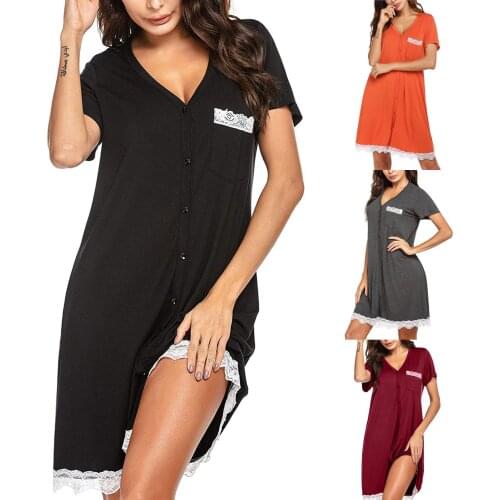 Women Sleepwear Shirt Night Dress Casual Loose Lace Patchwork Short Sleeve Button Solid Color V-Neck Nightdress nuisette femme