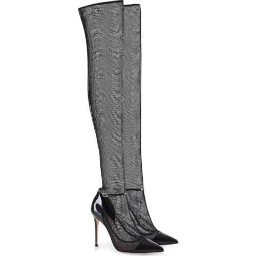 Lace Ladies Long Boots Mesh Hollow Thigh High Botas Women Sexy Pointed Toe Stiletto Heels Pumps Over The Knee Sock Party Shoes