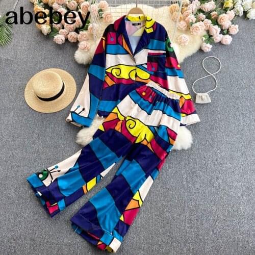 Women Bohemian Floral Set Puff Sleeve Top+Sexy Split High Waist Wide Leg Long Pants Two Pieces Set