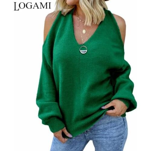 LOGAMI V Neck Off Shoulder Sexy Pullover Women Long Sleeve Backless Sweaters Autumn Jumper