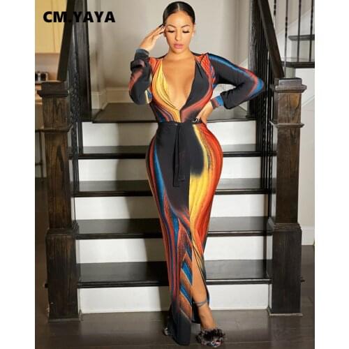 CM.YAYA Women Tie Dye Striped Print Bodycon Midi Maxi Dress Long Sleeve Pencil Bandage Sexy Night Club Party V-neck Long Dresses