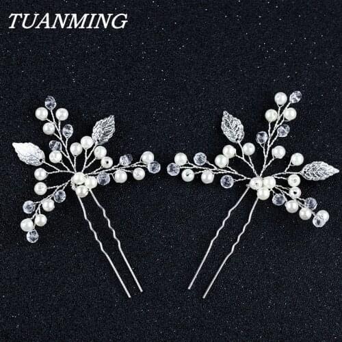 Hot Sale 2 Pcs/Lot Wedding Hair Sticks Bride Silver Color Leaf Pearl Hairpins For Women Wedding Hair Ornaments Hair Accessories