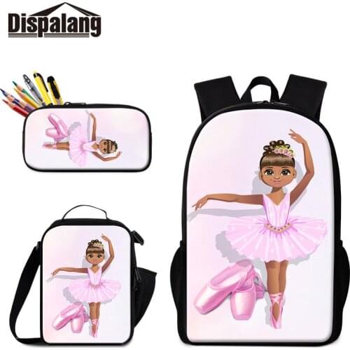 3 in 1 Set Ballet Two Side Printing Backpacks for Girls Cooler Lunch Pouch Bookbag Kid Zipper Pencil Box for Chidlren Mochila