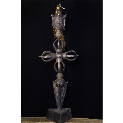 30"Tibet Buddhism Old Tiantie Cross Dharma Three-sided Mahakala statue Prayer flags Dorje Vajra Phurpa set Ward off evil spirits