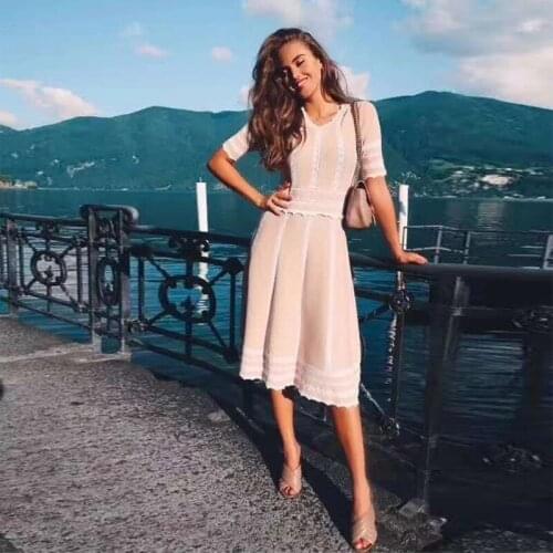 High Quality White With Pink Patchwork Bandage Dress Summer Elegant Short Sleeve Celebrity Wedding Prom Party Dresses Whoelsale