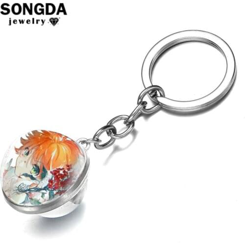 SONGDA The Promised Neverland Crystal Glass Ball Key Chain Emma Norman Ray Figures Keychain Kids Gift Art Photo Handmade Jewelry