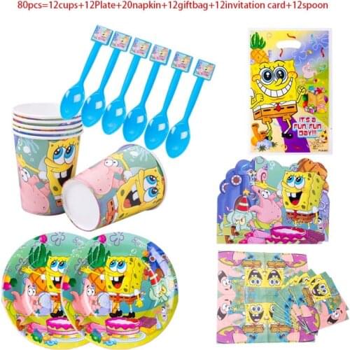 Sponge-Bob Childrens Theme Birthday Party Arrangement Decorative Paper Cup Flag Spoon Tablecloth Disposable Party Supplies