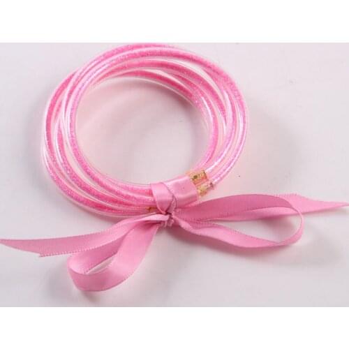 Baby Pink Glitter Jelly Bangle Bracelet Set - Gold Powder Lining Fashion Jewelry - Lightweight Cute Bracelets for Women Girl