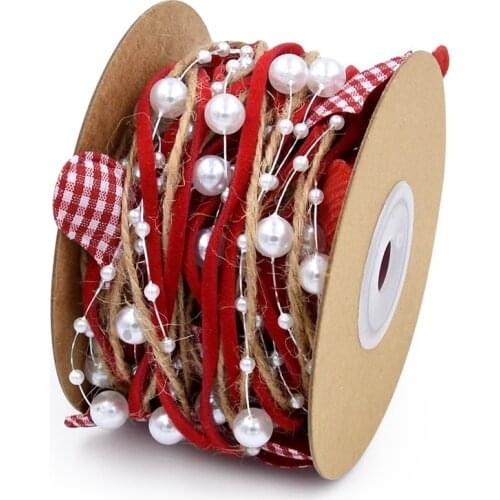 2m/Roll Red Ribbon With LOVE Pearl For Christmas Decoration Star Bead Chain Decorative Ribbon Gift Wrapping Accessories DIY Tree