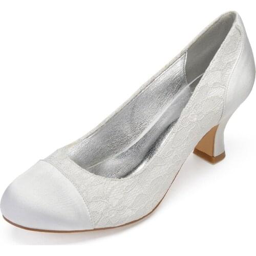 Sweet satin patched lace rounded toe block kitten heel bridal shoes thick lower heel wedding heels girls ball quinceanera shoes
