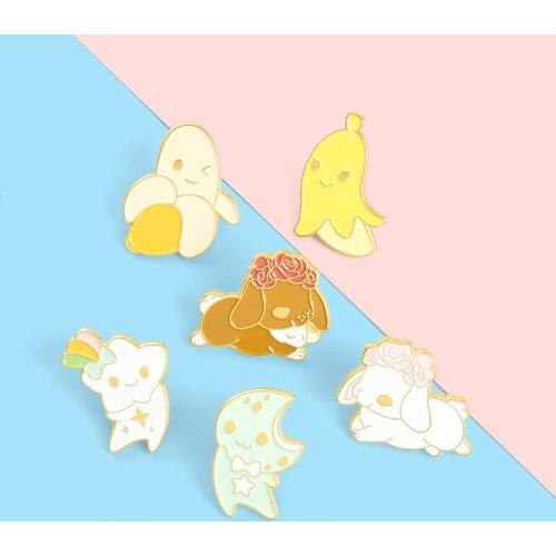 Cartoon Cute Animals Flowers Dogs Enamel Brooch Fruit Banana Stars Moon Alloy Pins Fashion Badges Accessories Women Jewelry Gift