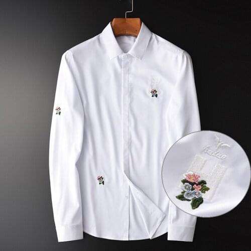 Men Luxury Flower Embroidered Business Casual Mens Dress Plus Size 4xl Silky Fabric White Shirt Slim Fit Male