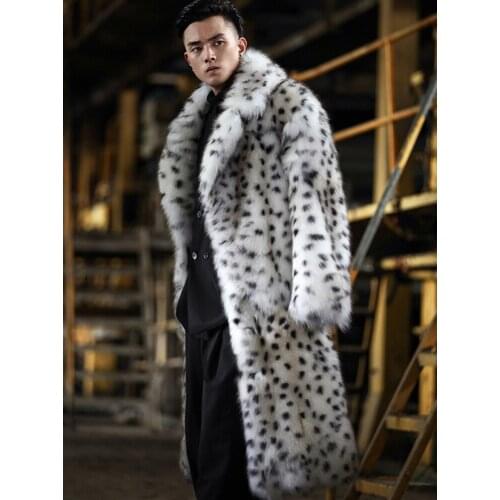 2019 New Mens Fox Fur Coat Fashion Long Fur Jacket Suit Collar Leopard Fur Coat Mens Winter Coats White Plus Size Parkas