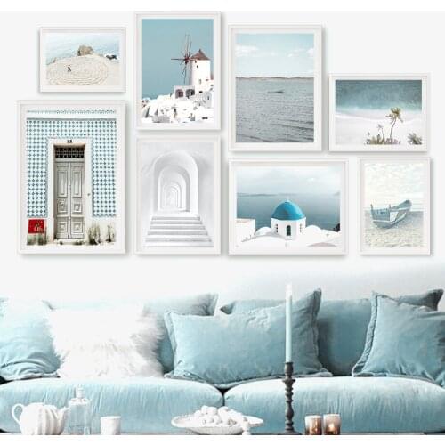 Door Windmill Beach Boat Coconut Tree Sea Wall Art Canvas Painting Nordic Posters And Prints Wall Pictures For Living Room Decor