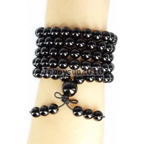 Natural Black Onyx 8mm Gem Stone Buddhist 108 Beads Prayer Mala Multi-Purpose Stretchy Bracelet Necklace 2Strands/Pack