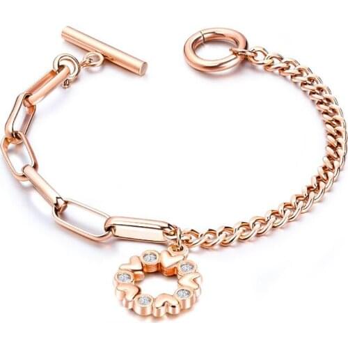 Stainless Steel Minimalism Rose Gold Cubic Zirconia Stone Heart Flower Bracelet Bangle Jewelry Gift For Women