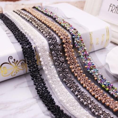 Nylon Mesh Lace With Acrylic Beads Beaded Trim Ribbon Fabric Sewing Crafts Supply Wedding Clothes Embellishment 15mm 0.9m 1 PC
