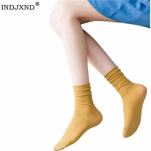 INDJXND New Womens Solid Socks Harajuku Colorful Pure Cute Fashion Purple Pink Yellow White Black Velvet Breathable Middle Tube