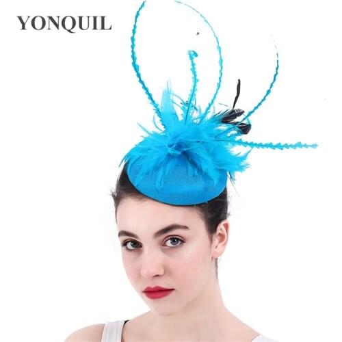 New Color Sea Blue Fascinator Chapeau Hats Hair Clip Girl Feather Millinery Cap For Dinner Party Married Hair Accessories SYF308