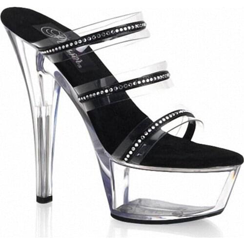15 cm high platform shoes, sequined womens sandals, transparent 6 inch crystal Sandals