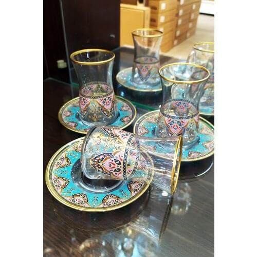 Turkish Tea Turquoise Lace Embroidered Gold Gilded Tea Team 12 Piece Turkish Arab British Tea Sets Ceylon Tea authentic