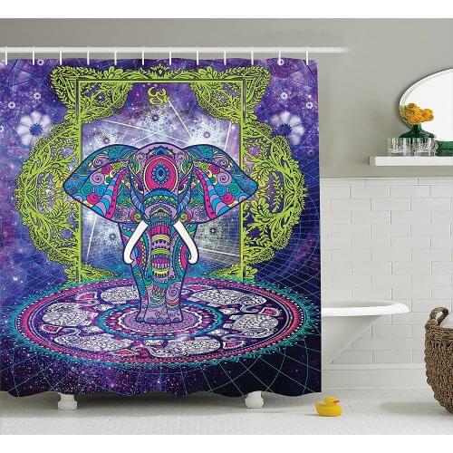Ethnic Shower Curtain Sacred Figure Elephant Standing in Mandala Over Outer Space Cosmos Hippie Bath Curtains for Bathroom Decor