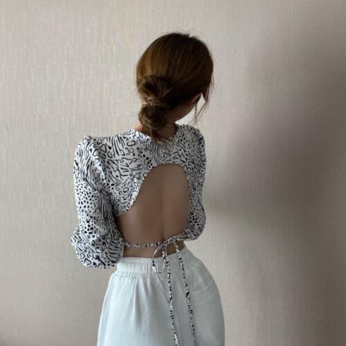 Leopard Print Design Short T-shirt for Women Early Autumn Sexy Backless Lace up Long Sleeve V-neck Shirt Niche Outer Tops