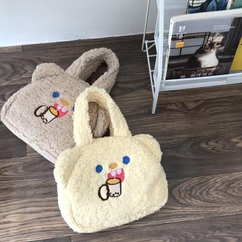 Women Small Tote Plush Bear Design Canvas Cloth Hand Bags Quality Embroidery Soft Handbag Cute Makeup Bag Zipper Purse For Girls