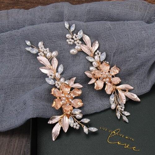 Gold Color Flower Pearl Hair Clip Headband Rhinestone Leaf Hair Accessories For Women Barrette Pearl Clips For Bride Headpiece
