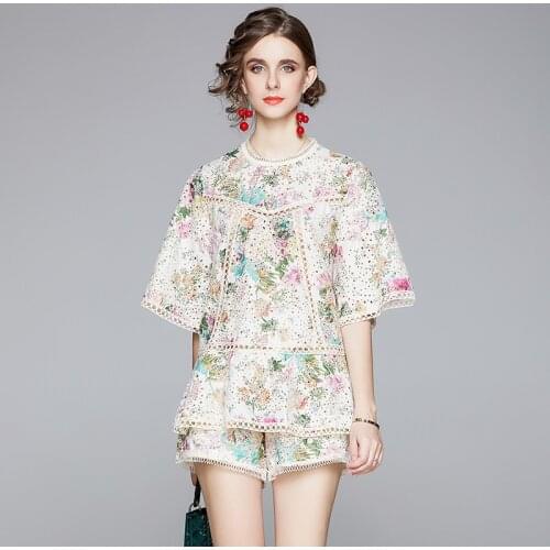 Vintage Printed Summer Two Piece Set Women Europe O-Neck Flare Sleeve Shirts Tops + Wide Leg Shorts Set Hollow Luxury C300