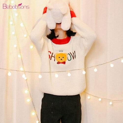 Cute Bear Letters Jacquard Women Pullover Sweaters Loose Long Sleeve Japanese 2017 Newest Fall Winter Ladies Knitted Top Beige