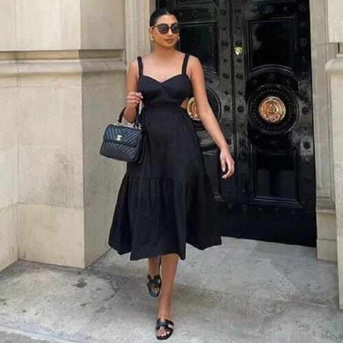 Black/red Spaghetti Strap Fit and Flare Dresses Women Low Neck Sleeveless Big Swing Vestidos Office Lady High Waist Maxi Dress