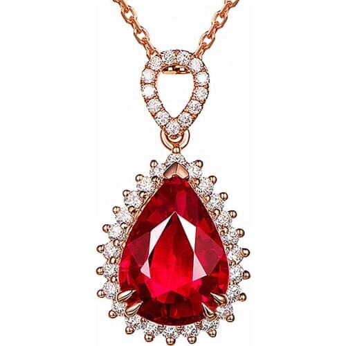 Luxury water drop red crystal ruby gemstones diamonds pendant necklaces for women rose gold color choker jewelry bijoux gifts