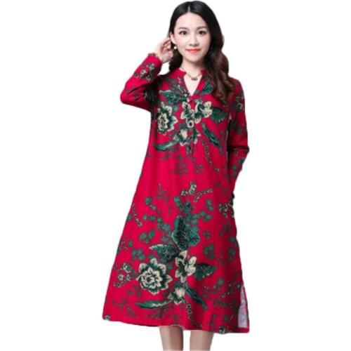 2020 New Spring Autumn Womens Dress Ethnic Style Loose Women Dreses Vintage Print Female Dress Cotton linen Ladies Dress FC64