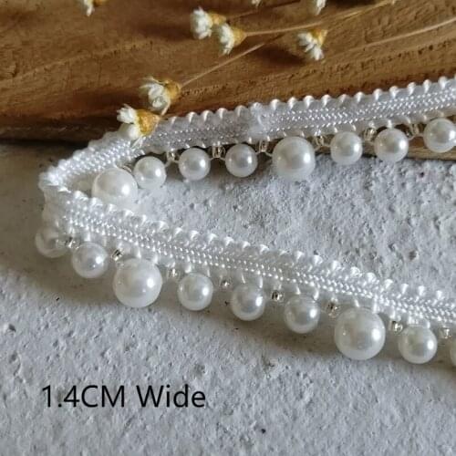 1.4CM Wide Luxe White Parels Geborduurde Lint Handgemaakte Kralen Fringe Lace Edge Trim Kleding Jurk Sluier Hoofdtooi Naaien Diy
