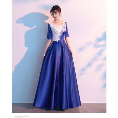 100%real royal blue half sleeve chorus long dress/customs size