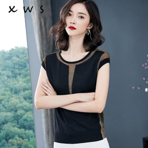 Glitter Women summer Sweater shiny oneck pullovers lady sweaters basic Female black knit sweater short sleeve top