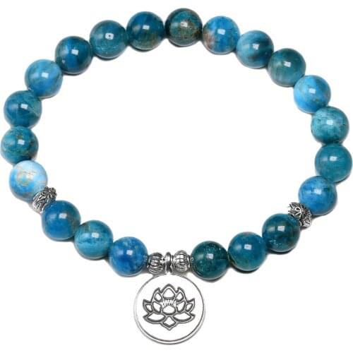 Natural Blue Apatite Stone Chakras Bracelets For Women 8 MM Beads Bracelet For Men Energy Yoga Meditation Lotus Charm