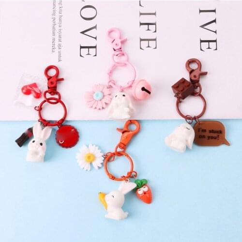 Cute Cartoon Rabbit KeyChain for Girl Women Car Trinket KeyRing Couple Key Chains Kids Toy Charms Pendant Key Ring