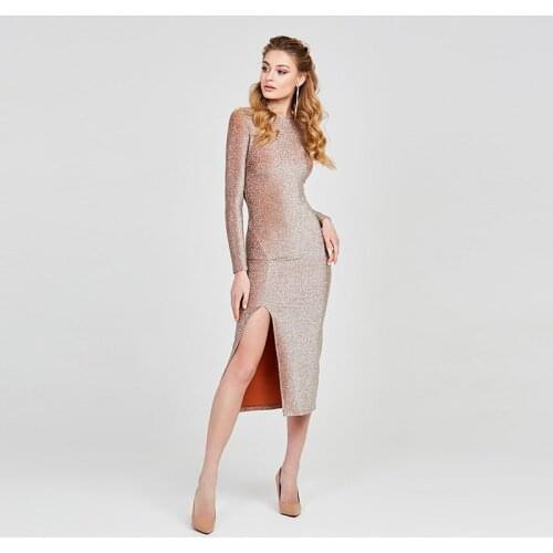 Dabourfeel Bodycon Dress Long Sleeve o Neck Tight Dress High Split Sexy Party Dress Festival 2021 Autumn Winter