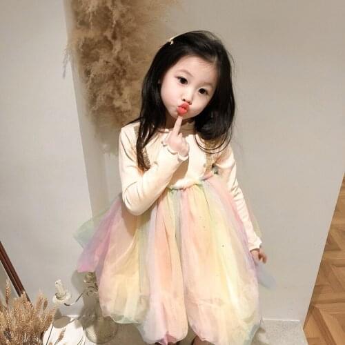 DFXD Toddler Girls Princess Dress Korean Children Clothes Long Sleeve Rainbow Dress Fashion Yarn Ball Gown 2-8Yrs Kids Vestidoes