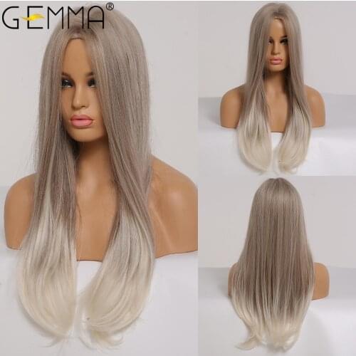 GEMMA Long Straight Ombre Brown Gray Ash Blonde Synthetic Hair Wigs Natural Middle Part Heat Resistant Cosplay Wigs for Women