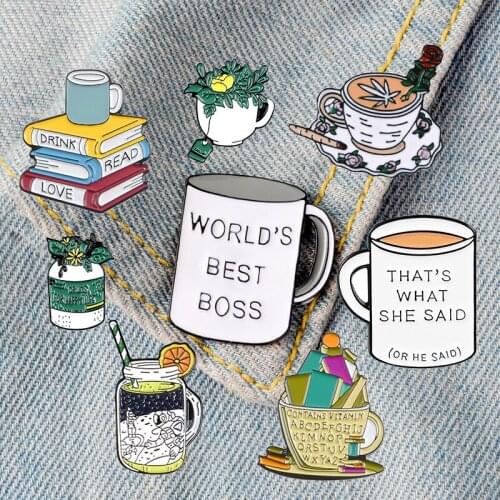 Coffee or Tea Enamel Pin Badge Custom Cup Mug Brooches Lapel pin Jeans shirt Bag Plant Books Jewelry Gift