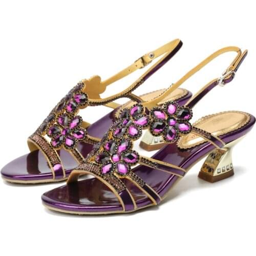 2019 Summer Purple Simple Flower Pattern Thick Heel Sandals Non-slip Crystal Decorative Sandals Wild Fashion Sandals