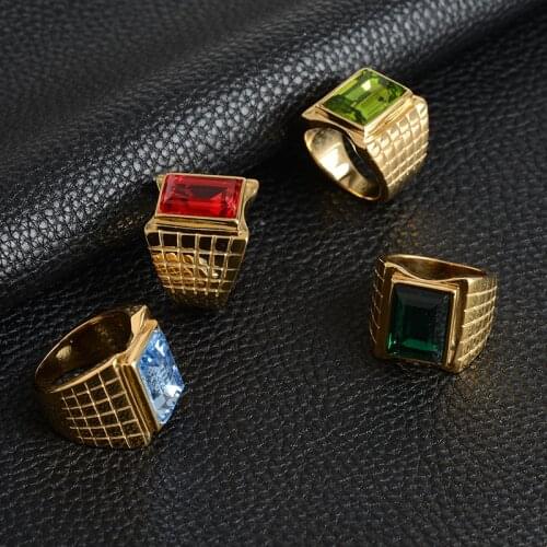 High Quality 24k Gold Color Stainless Steel Rings For Men / Woman With Birthstone Colorful Stone 2020 New