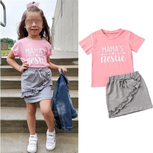 Toddler Baby Girls Clothes Sets Lovely Letter Print Pink Short Sleeve T Shirts Tops+Grey Mini Skirts