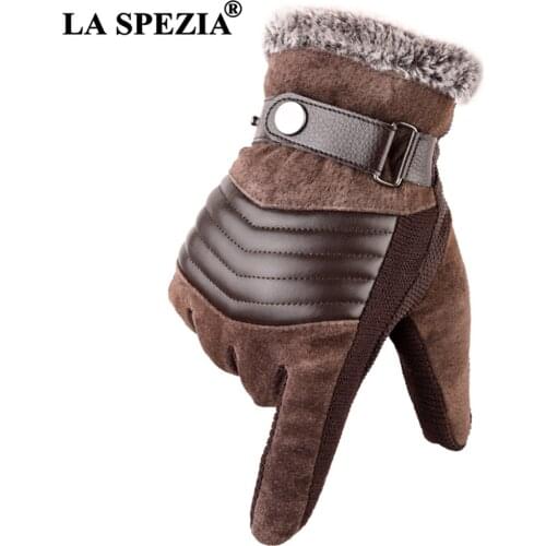 LA SPEZIA Brown Mens Leather Gloves Real Pigskin Russia Winter Gloves Warm Thick Driving Skiing Mens Gloves Guantes Luvas