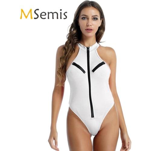 Womens Swimsuit One-piece Zipper Front Sleeveless High Cut Bodysuit Surfing Sunbathing Swimwear Swimming Bathing Suit Clothes