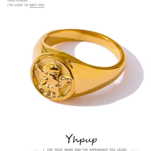 Yhpup Trendy Round Angel Ring for Women Stainless Steel Waterproof Jewelry Statement Gold Metal Gala Ring Gift bijoux ete 2021